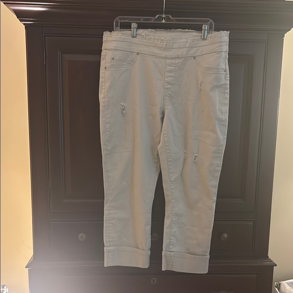 Tribal Women's Distressed Jeans in stone size 14 pull on cuffed ankle cropped